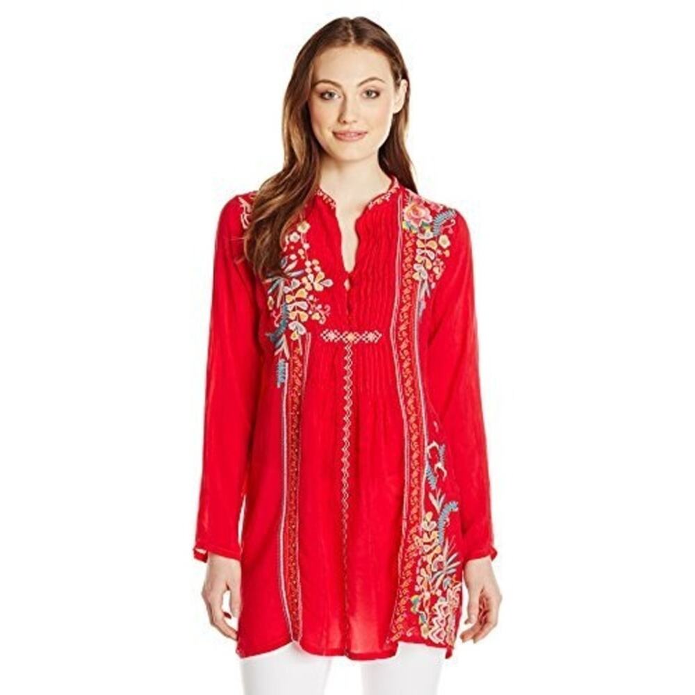 Johnny Was | S | Tunic Top Embroidered Mini Dress Red Floral